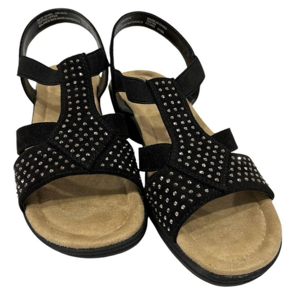 East 5th Women's Black Heeled Round Open Toe Rhinestone Sandals